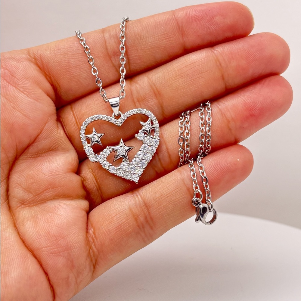 Silver Heart & Stars Crystals Pendant Necklace Stainless Steel 18” Chain